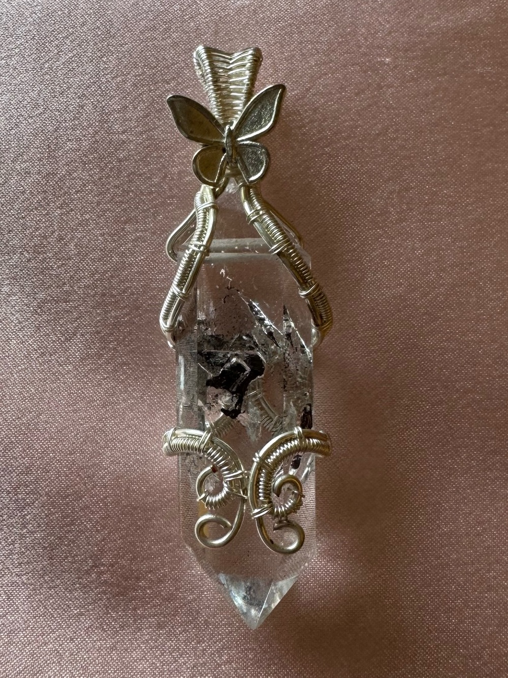 Wire wrapped herkimer diamond crystal pendant quartz manifestation butterfly - Picture 2 of 8
